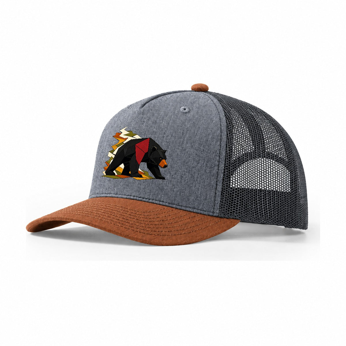 Bear Side Profile Trucker Hat – Heather Grey Rust Charcoal
