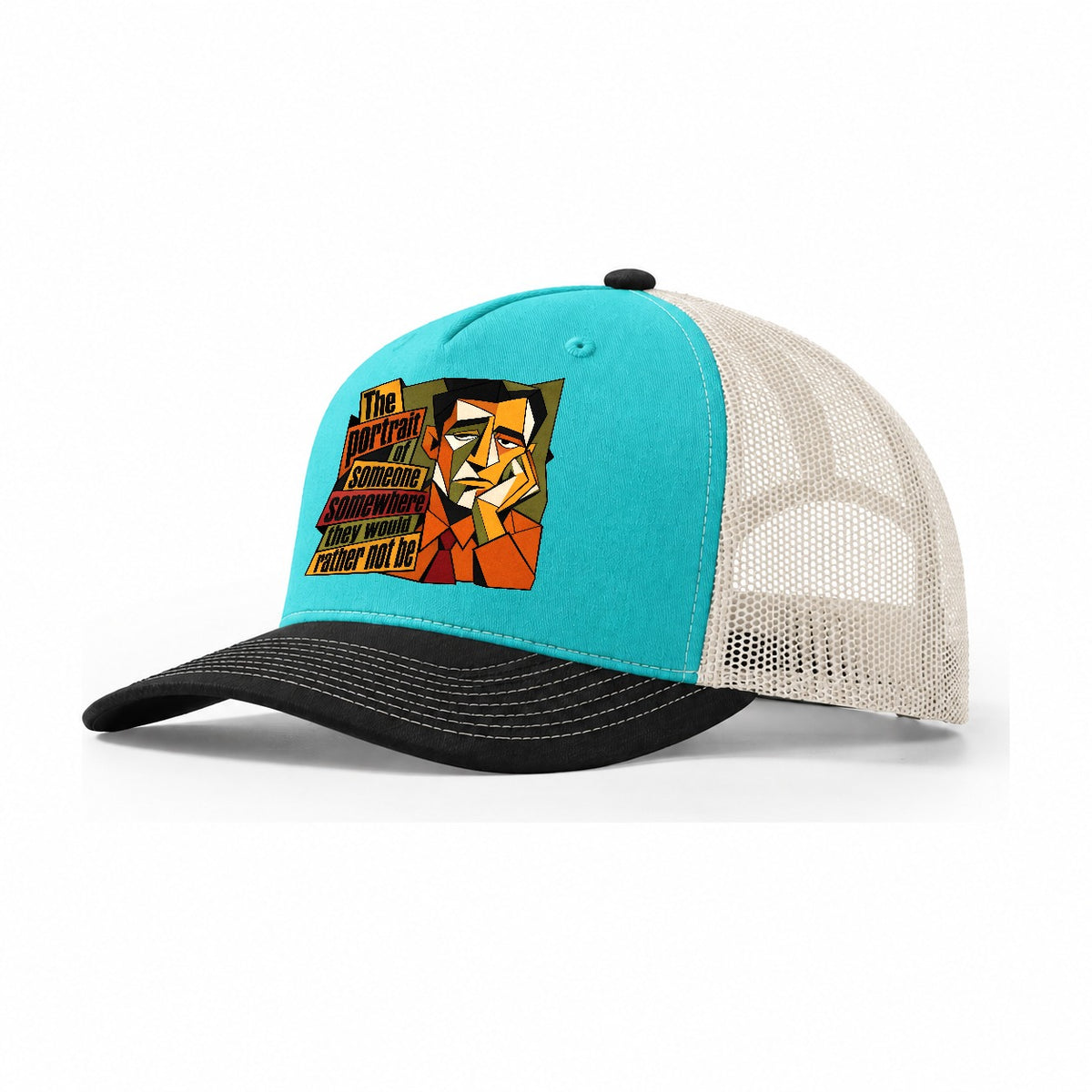 Bored Office Man Portrait Trucker Hat – Aqua Black White