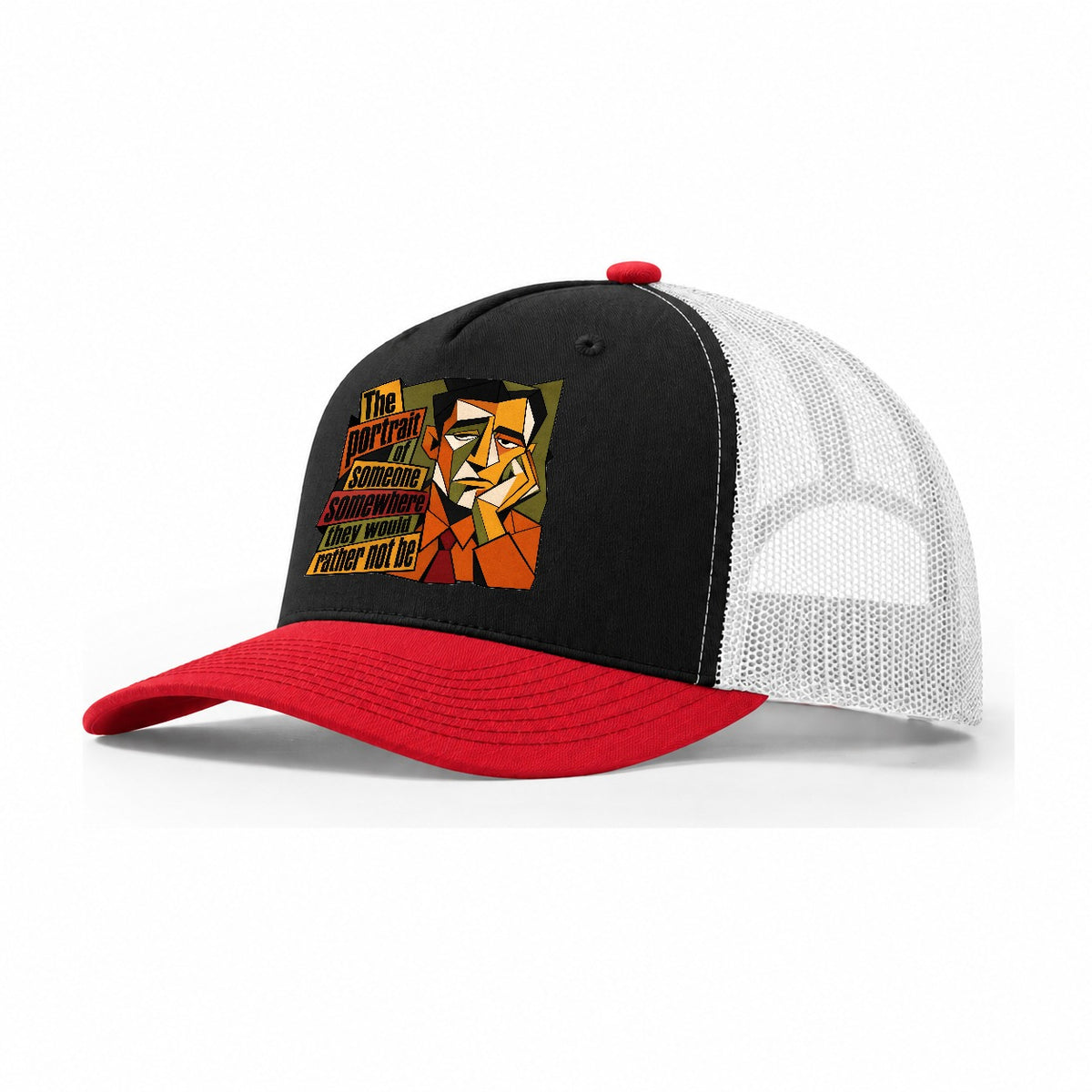 Bored Office Man Portrait Trucker Hat – Black Red White