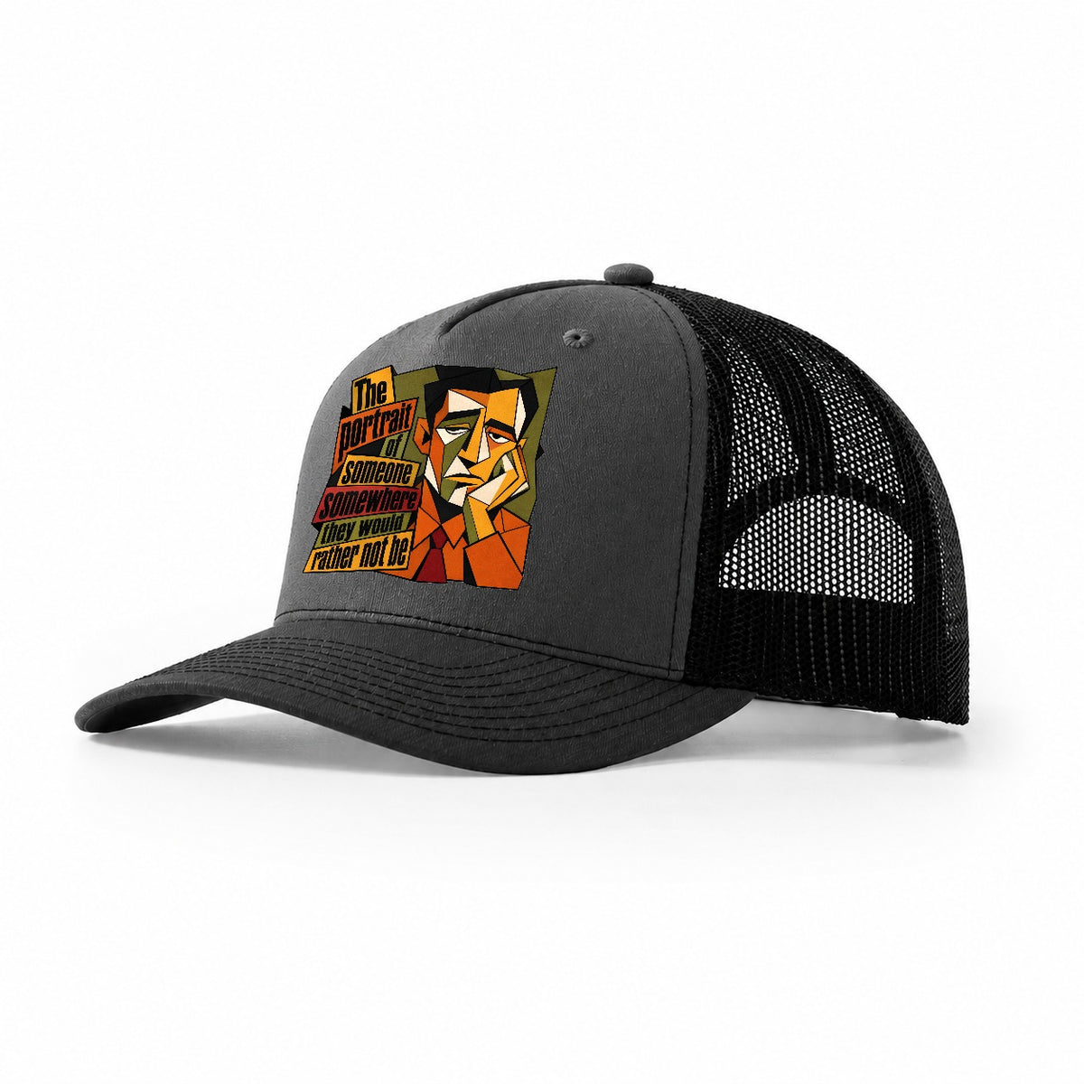 Bored Office Man Portrait Trucker Hat – Dark Grey Black