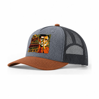 Bored Office Man Portrait Trucker Hat – Heather Grey Rust Charcoal