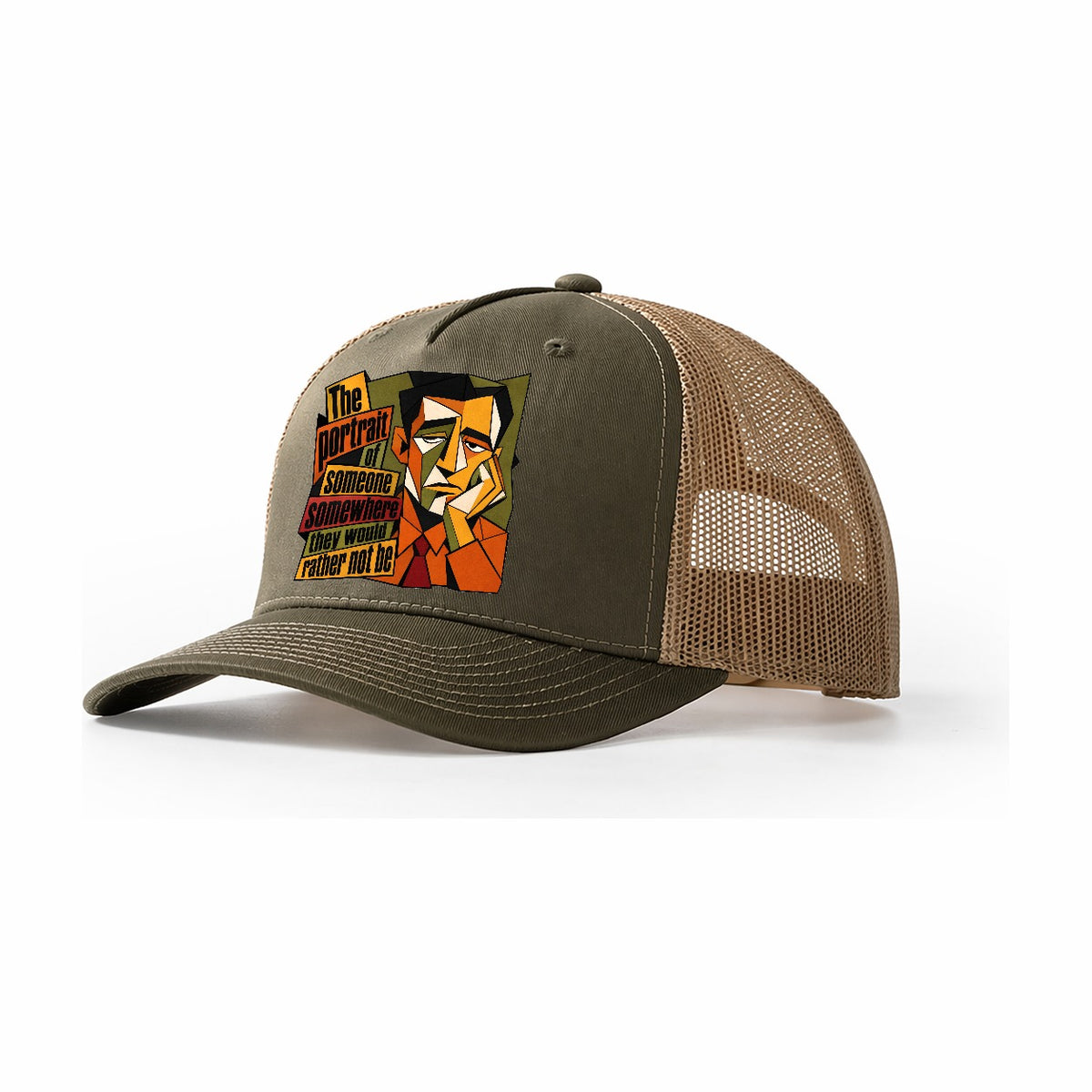 Bored Office Man Portrait Trucker Hat – Olive Khaki