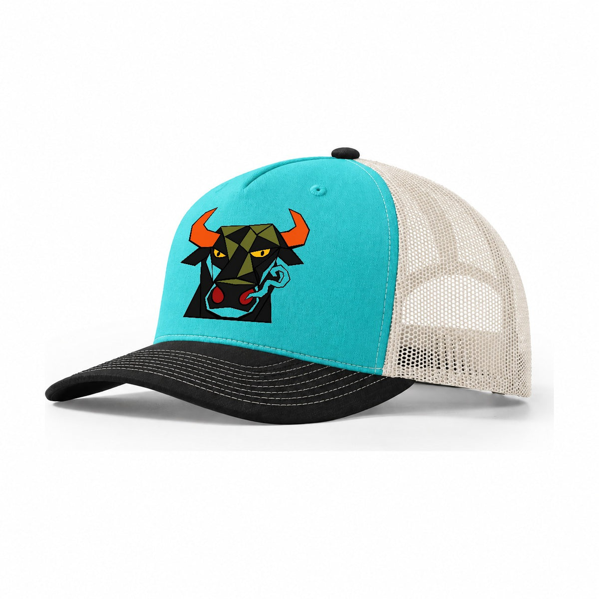 Bull Frontal Flared Nostrils Trucker Hat – Aqua Black White