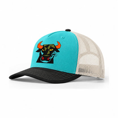 Bull Frontal Flared Nostrils Trucker Hat – Aqua Black White