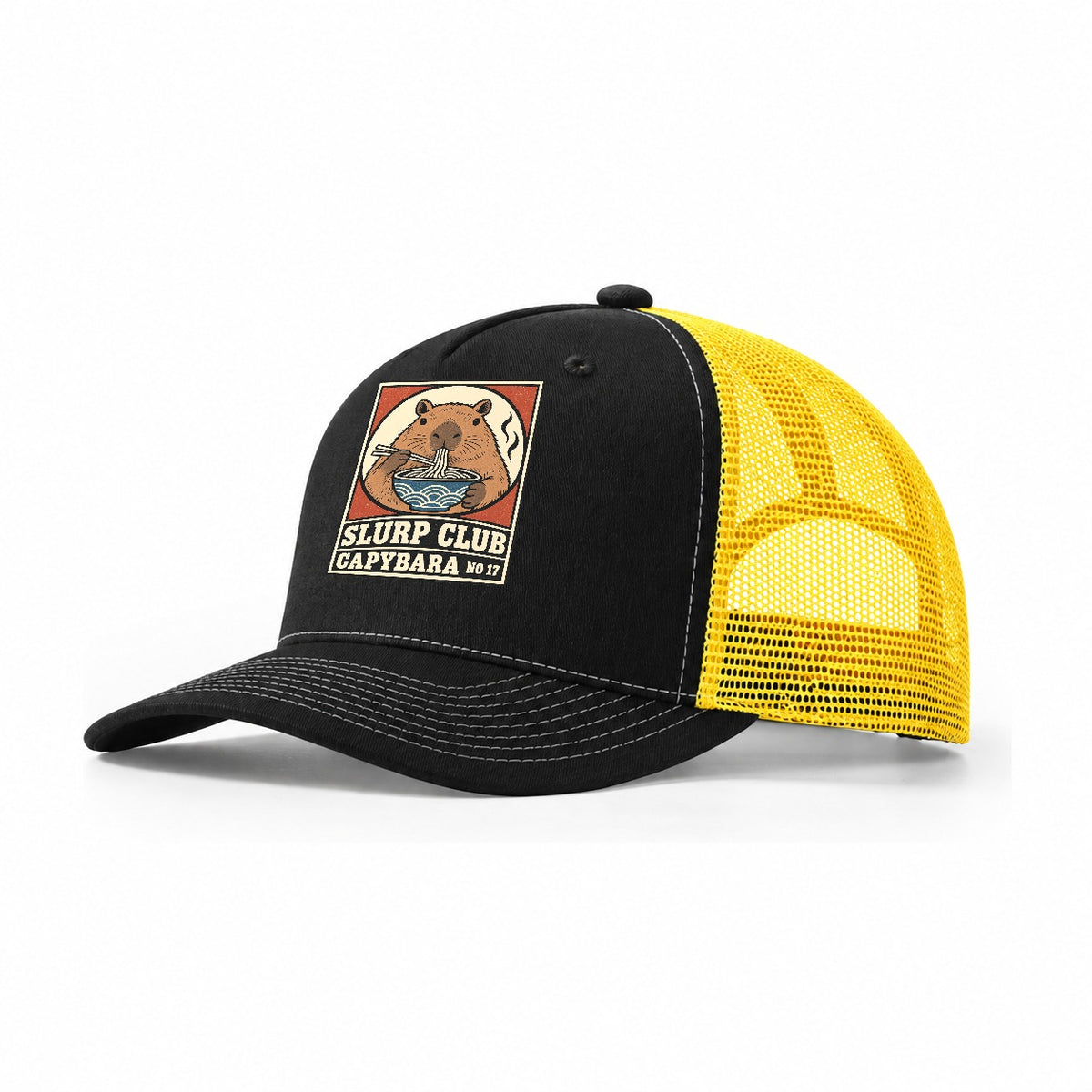 Capybara Calm Slurp Club Trucker Hat – Black Yellow