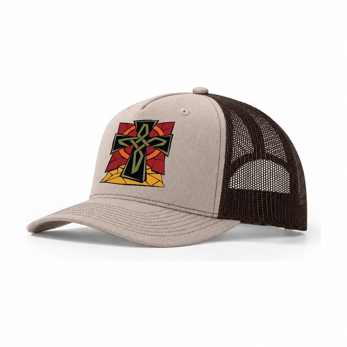 Celtic Cross Geometric Trucker Hat – Khaki Brown
