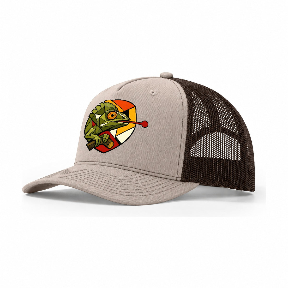 Chameleon Tongue Out Trucker Hat – Khaki Brown