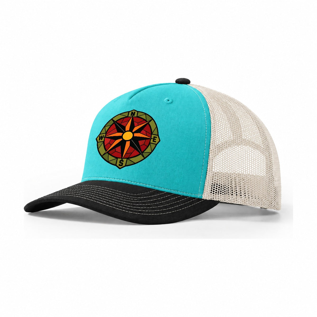 Compass Rose Navigator Trucker Hat – Aqua Black White