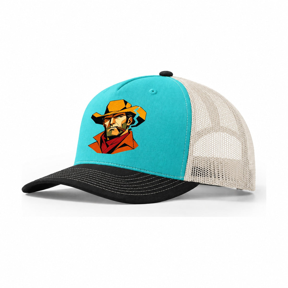 Cowboy Hat Geometric Trucker Hat – Aqua Black White