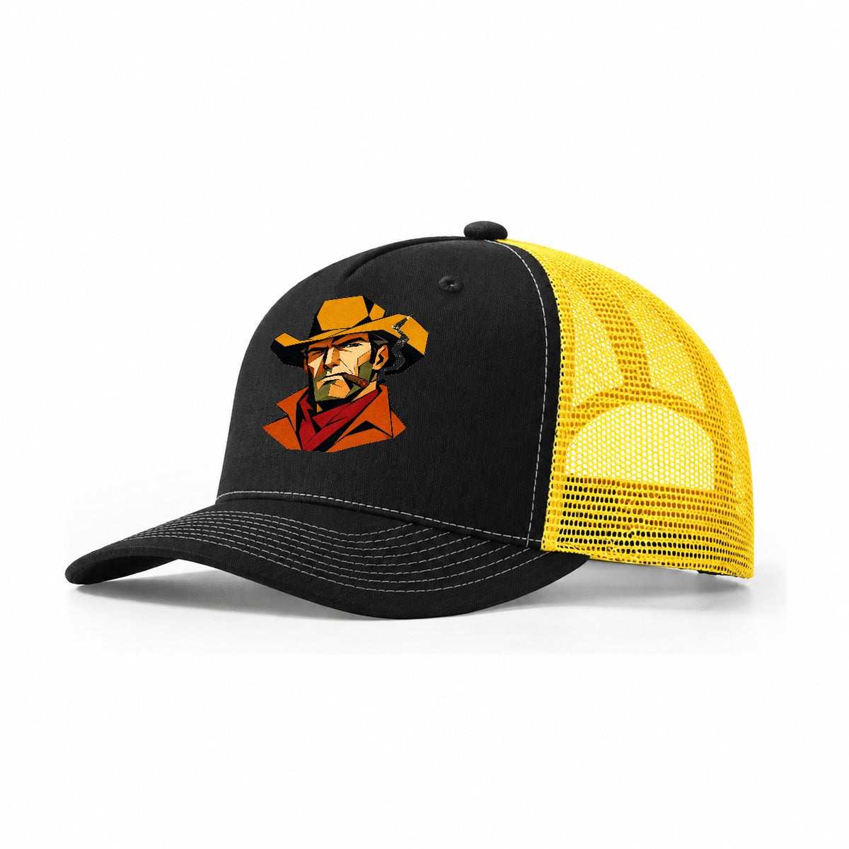 Cowboy Hat Geometric Trucker Hat – Black Yellow