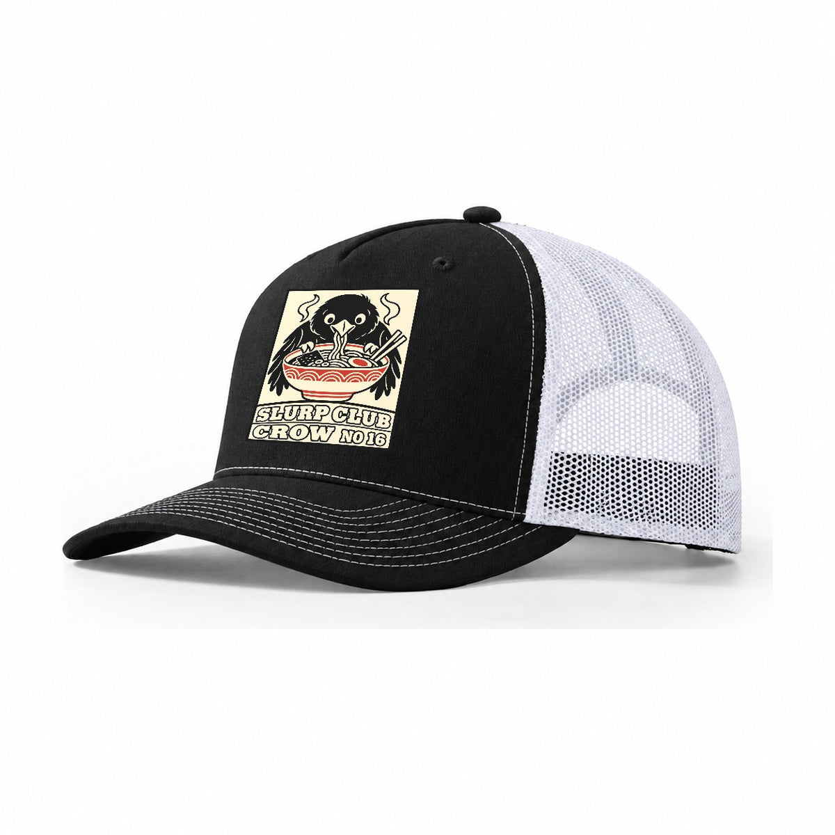 Crow Leftovers Slurp Club Trucker Hat – Black White