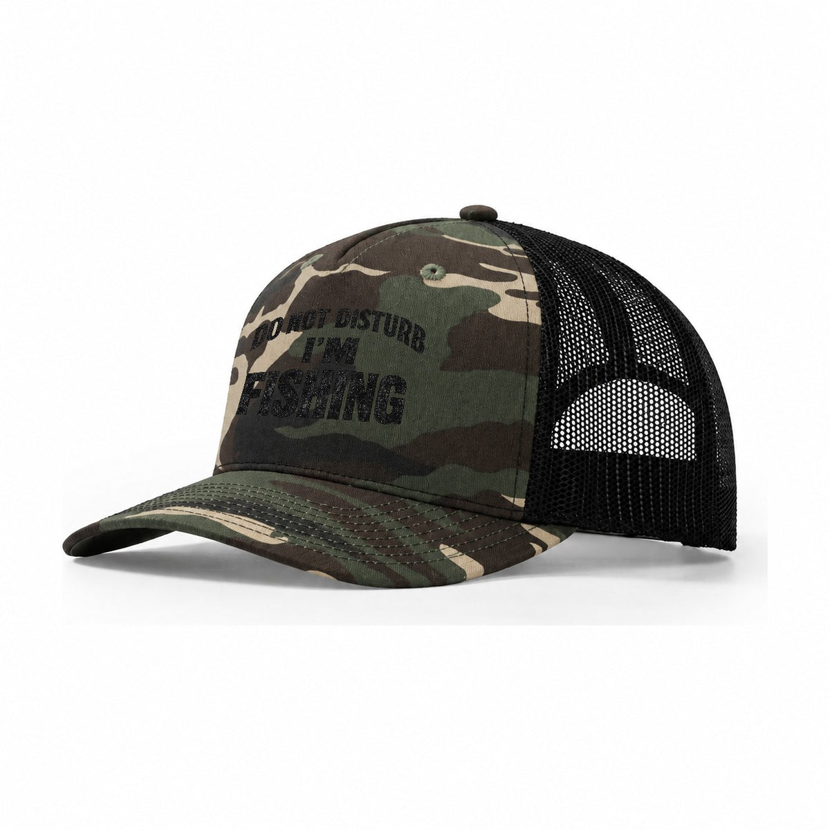 Do Not Disturb Fishing Trip Trucker Hat – Woodland Camo Black