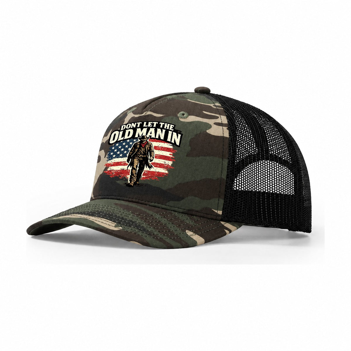 Dont Let The Old Man In Trucker Hat – Woodland Camo Black
