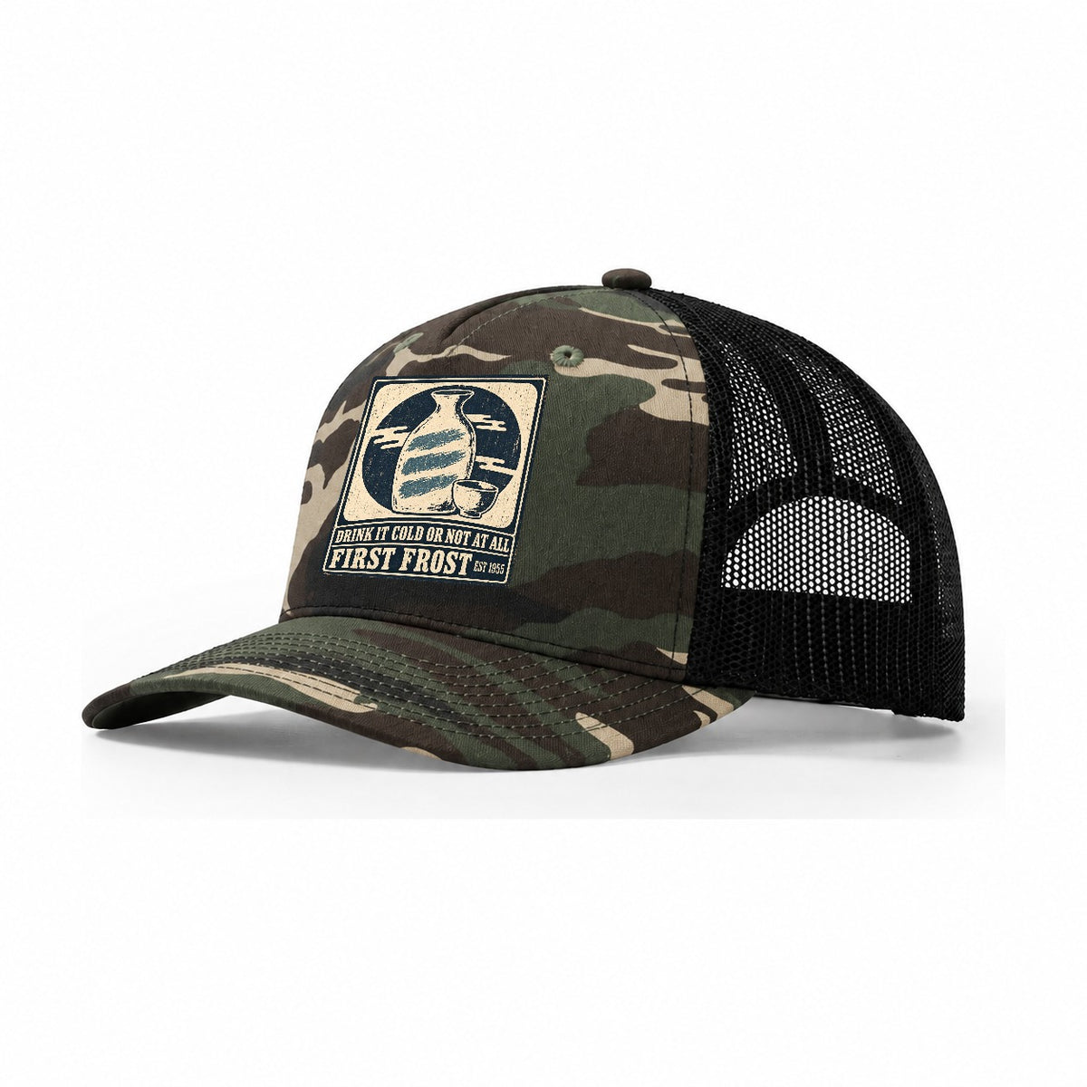 First Frost Izakaya Rules Trucker Hat – Woodland Camo Black