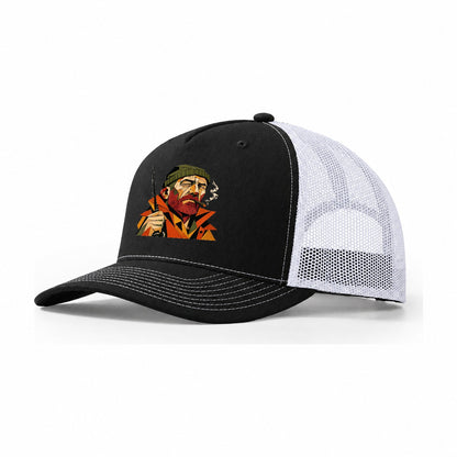 Fisherman Portrait Rod Trucker Hat – Black White