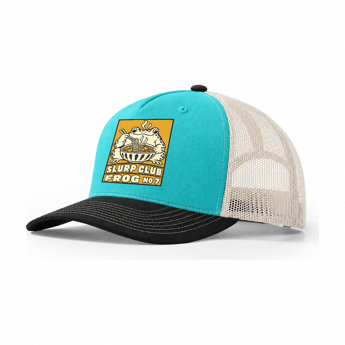Frog Curry Slurp Club Trucker Hat – Aqua Black White