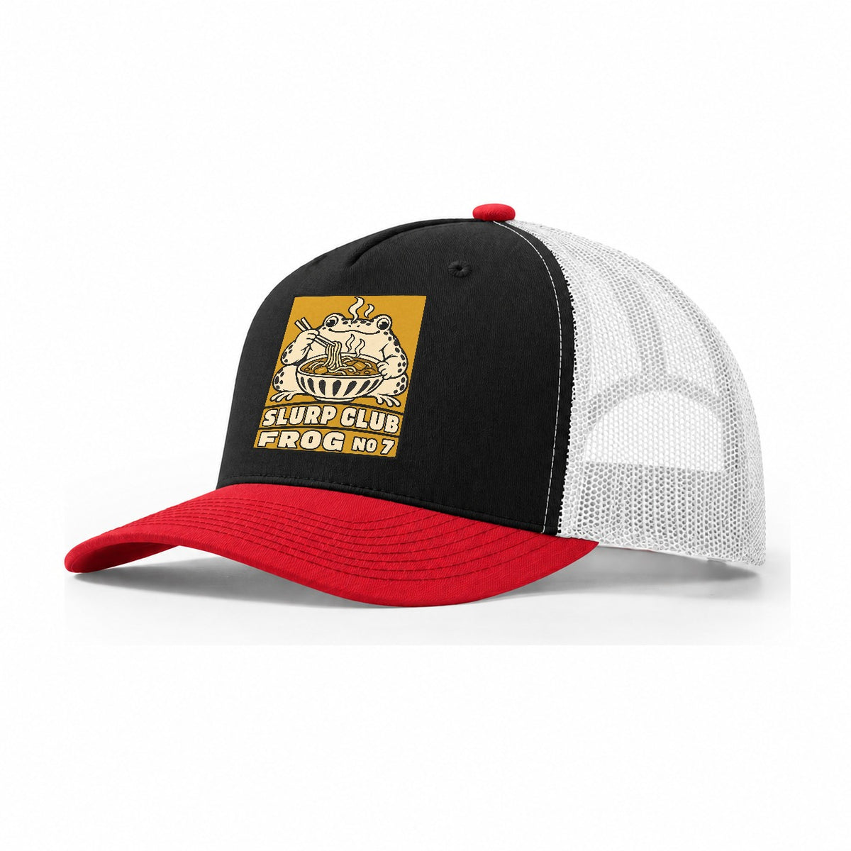 Frog Curry Slurp Club Trucker Hat – Black Red White