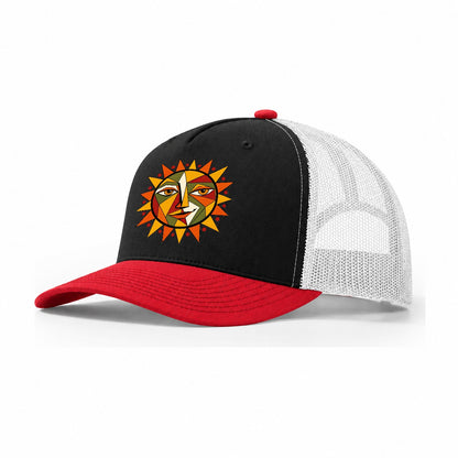 Geometric Sun Face Trucker Hat – Black Red White