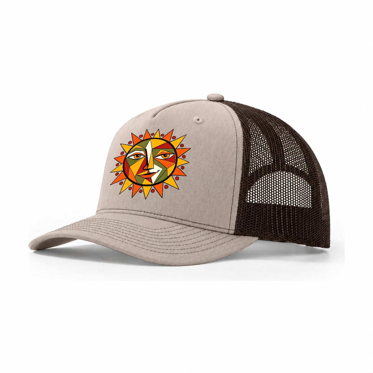 Geometric Sun Face Trucker Hat – Khaki Brown