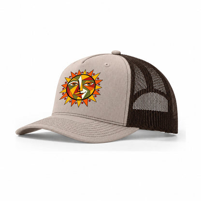 Geometric Sun Face Trucker Hat – Khaki Brown