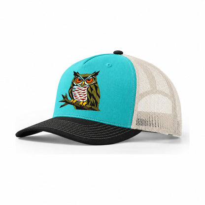 Great Horned Owl Perch Trucker Hat – Aqua Black White