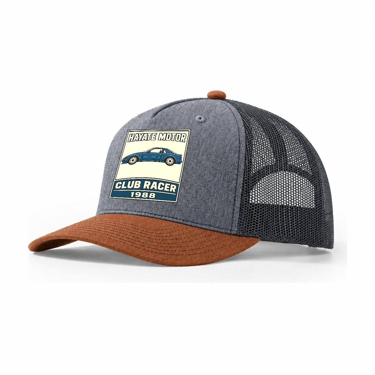 Hayabusa Club Racer Showa Speed Plates Trucker Hat – Heather Grey Rust Charcoal