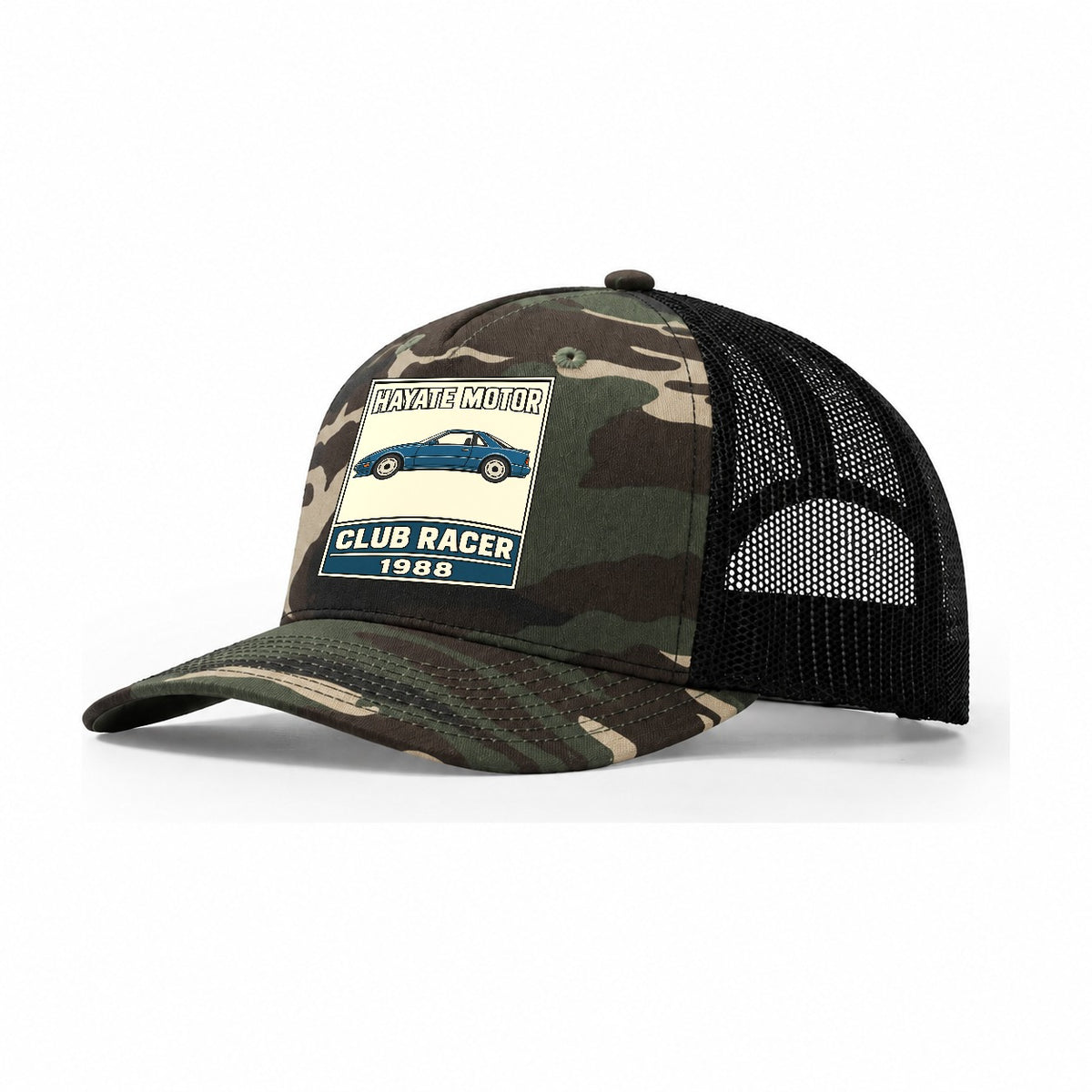 Hayabusa Club Racer Showa Speed Plates Trucker Hat – Woodland Camo Black
