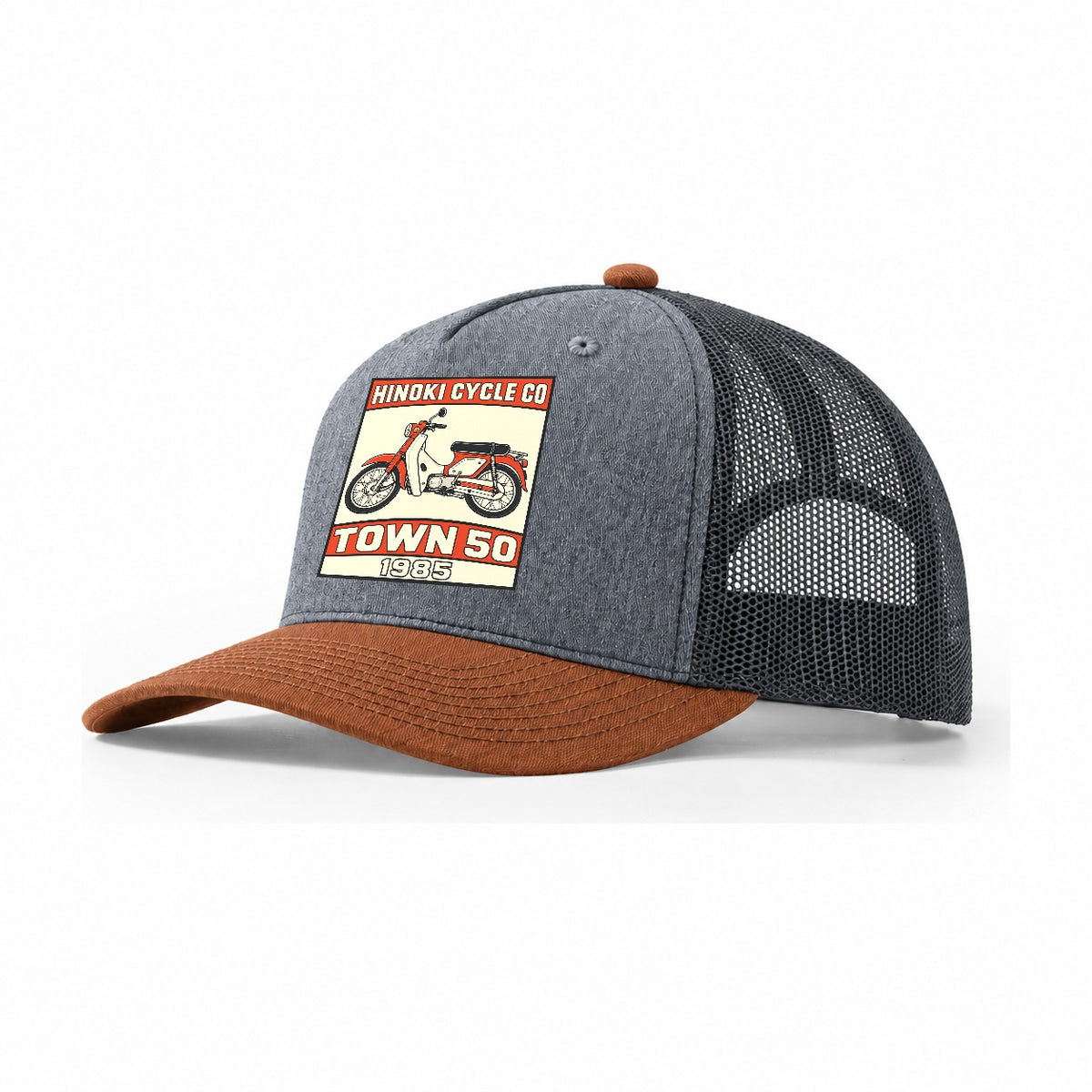 Hibari Town 50 Showa Speed Plates Trucker Hat – Heather Grey Rust Charcoal
