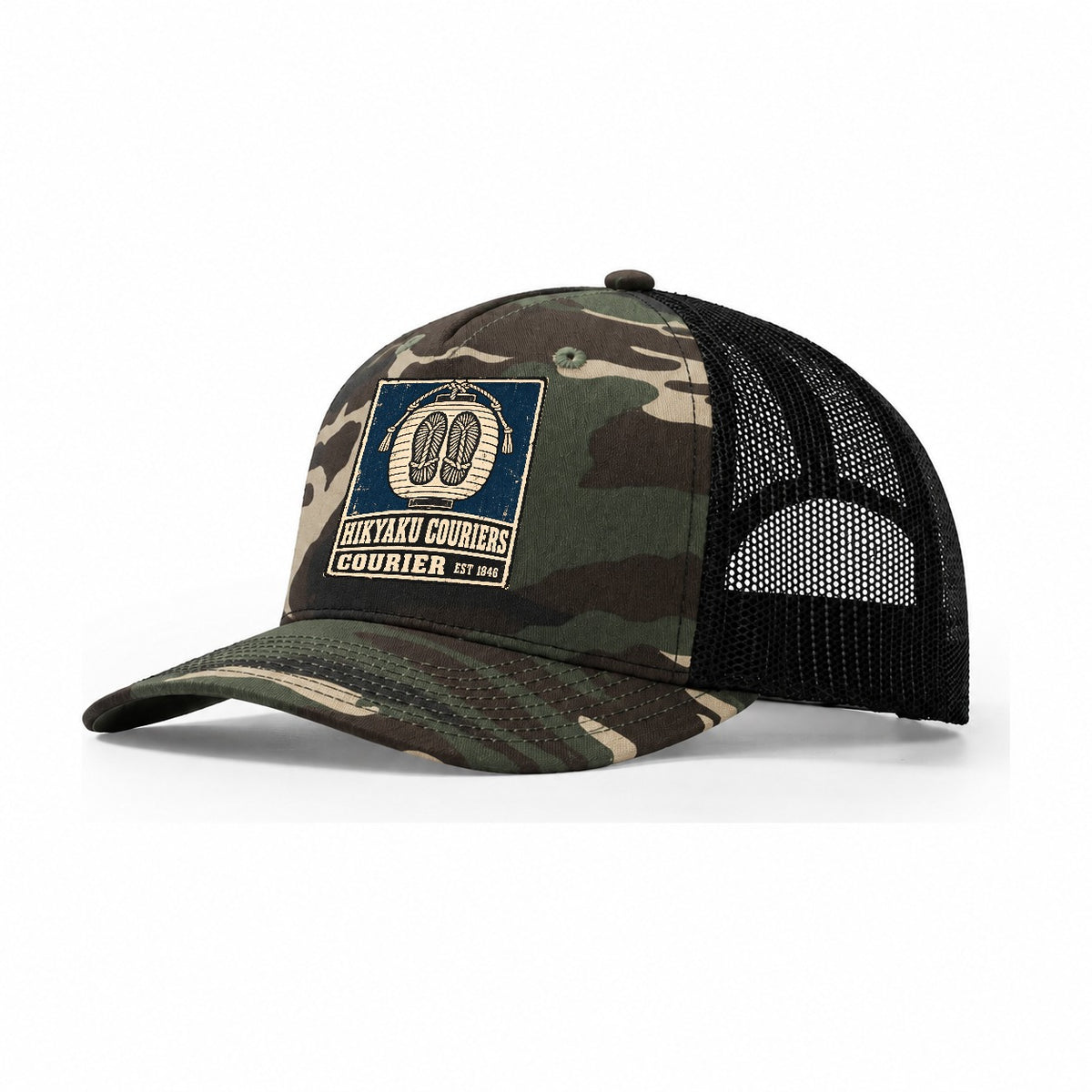 Hikyaku Courier House Noren Trade Co Trucker Hat – Woodland Camo Black