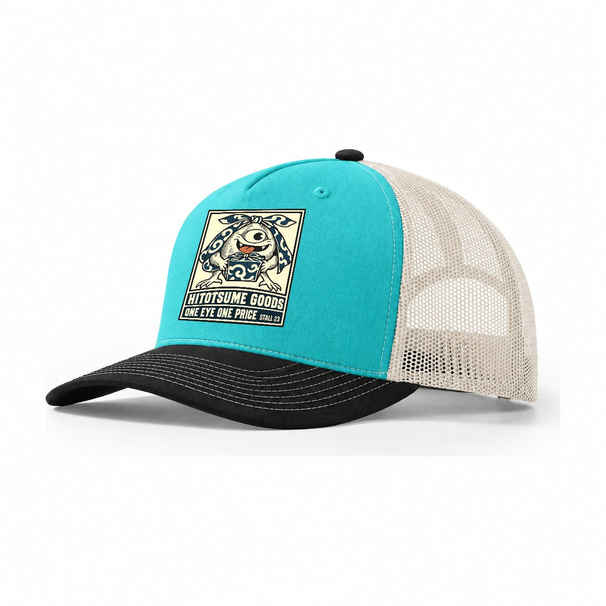 Hitotsume Goods Yokai Night Market Trucker Hat – Aqua Black White