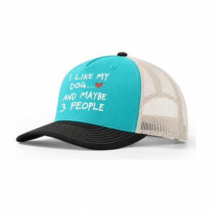 I Like My Dog And Maybe 3 People Trucker Hat – Aqua Black White