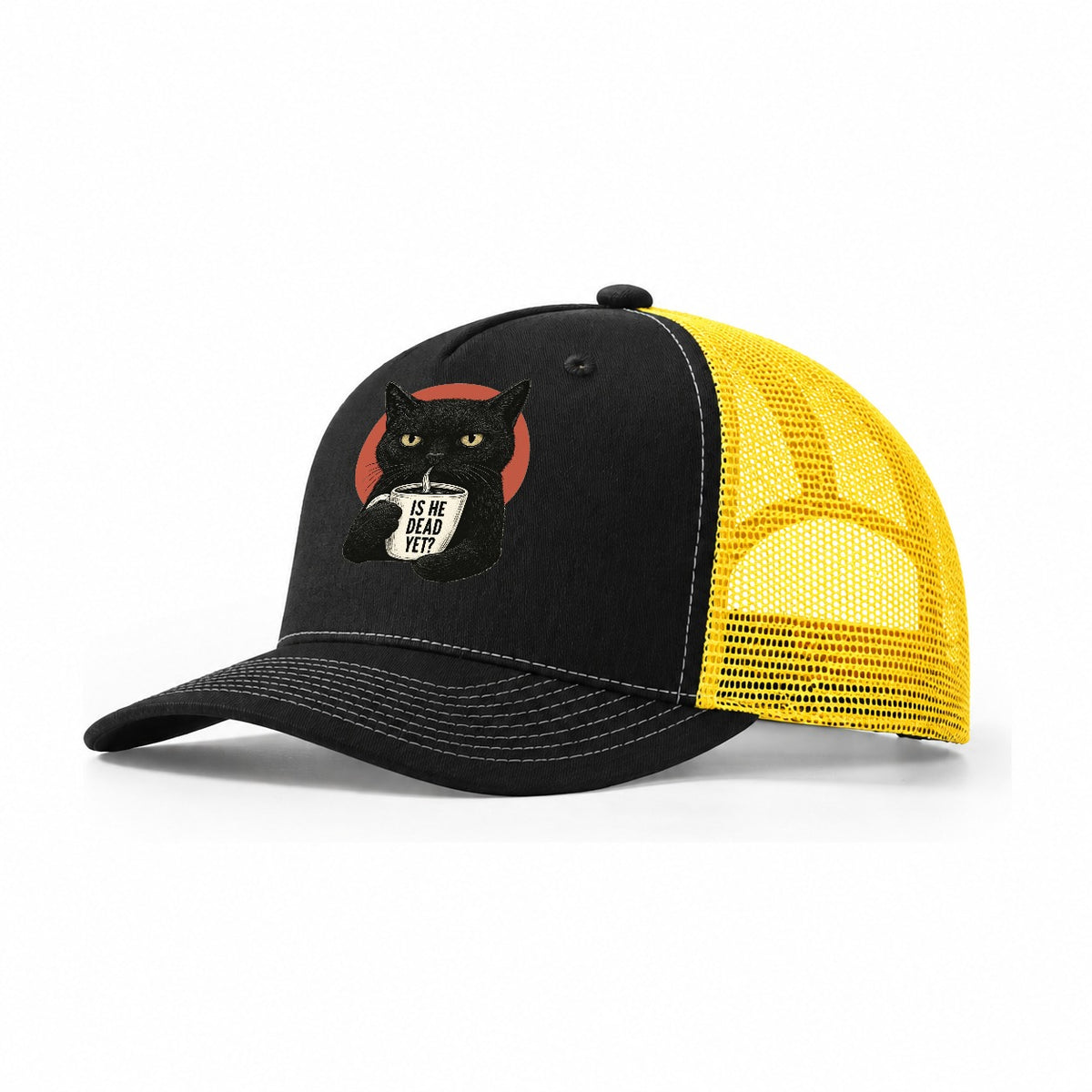 Is He Dead Yet Cat Trucker Hat – Black Yellow