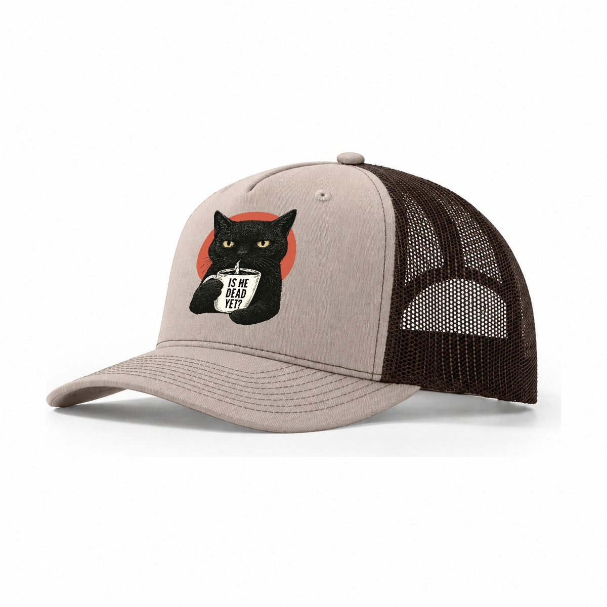 Is He Dead Yet Cat Trucker Hat – Khaki Brown