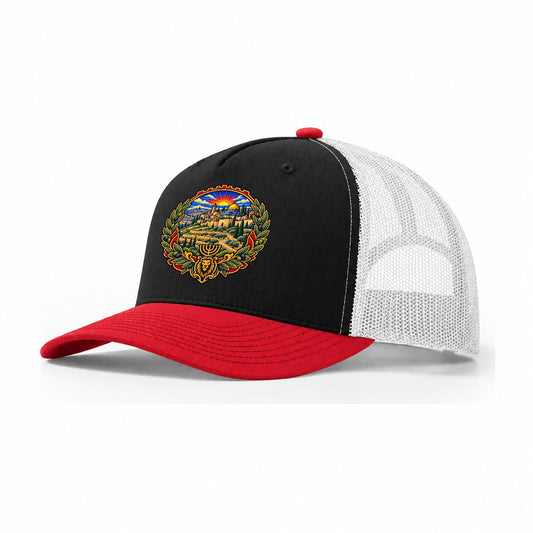 Judean Hills Terraces Jerusalem Trucker Hat – Black Red White