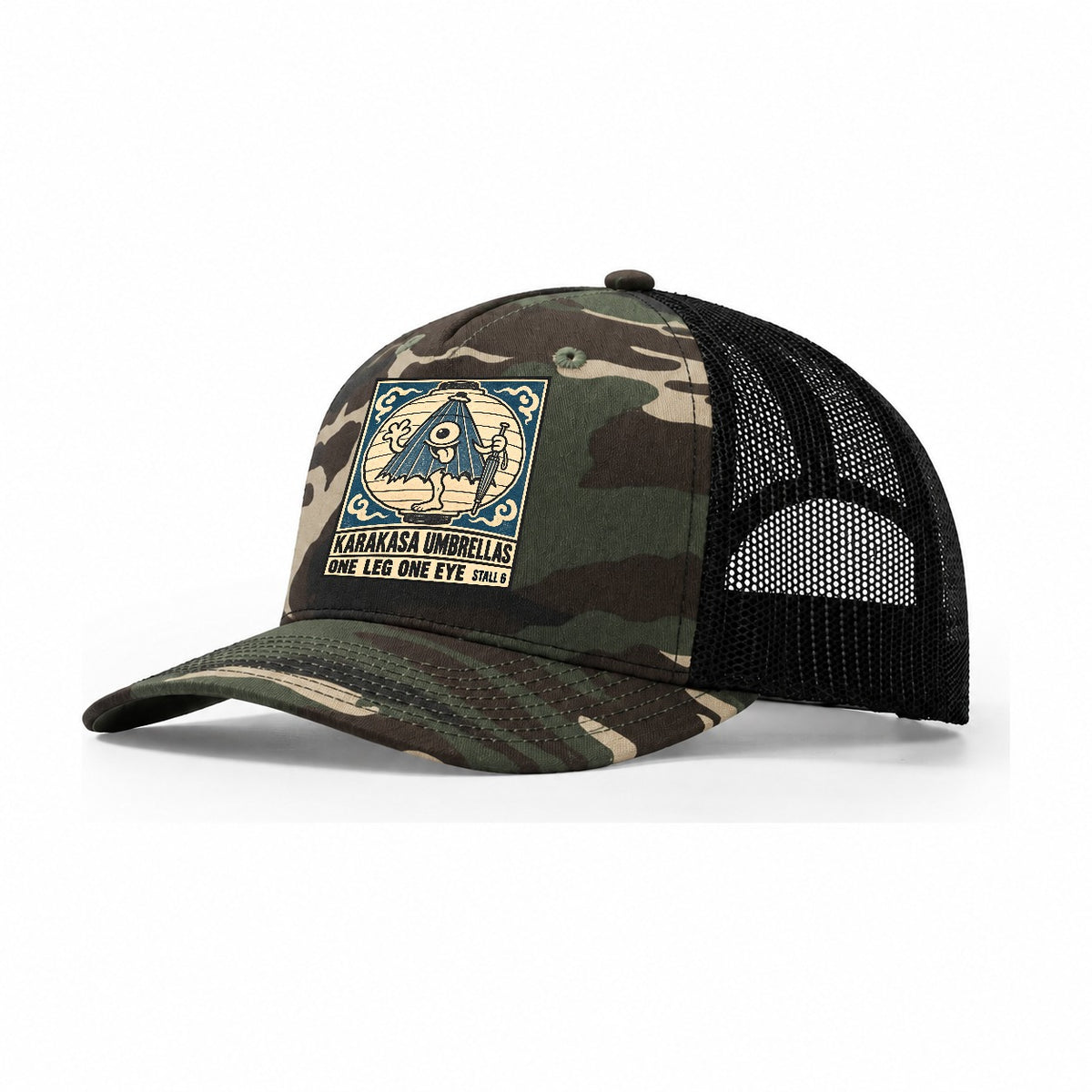 Karakasa Umbrellas Yokai Night Market Trucker Hat – Woodland Camo Black