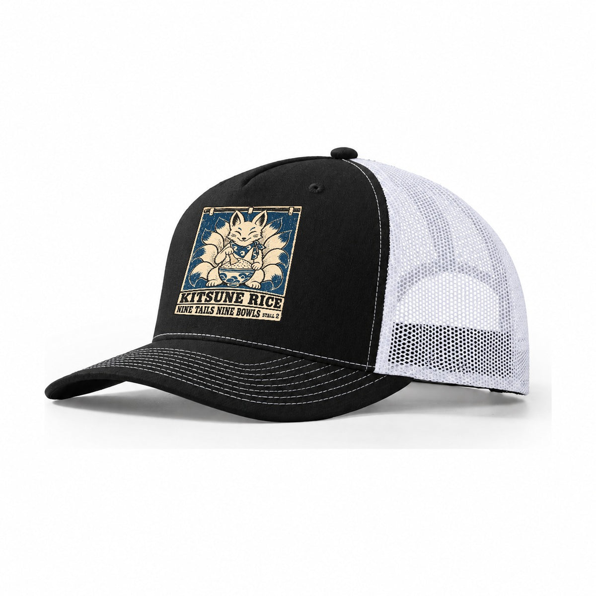 Kitsune Rice Yokai Night Market Trucker Hat – Black White