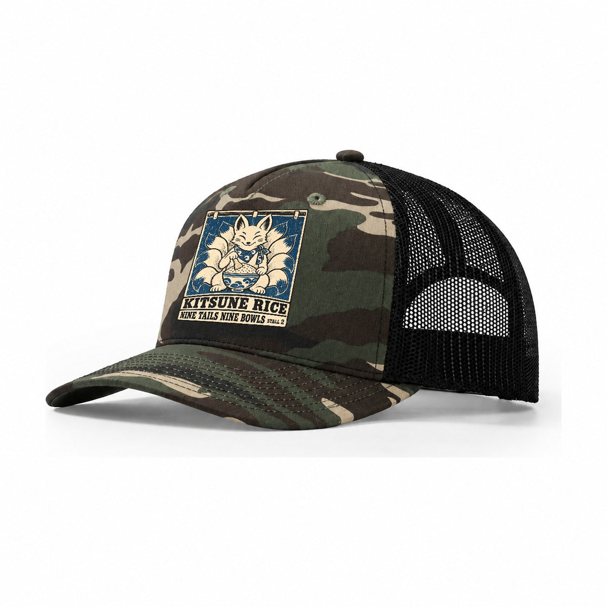 Kitsune Rice Yokai Night Market Trucker Hat – Woodland Camo Black