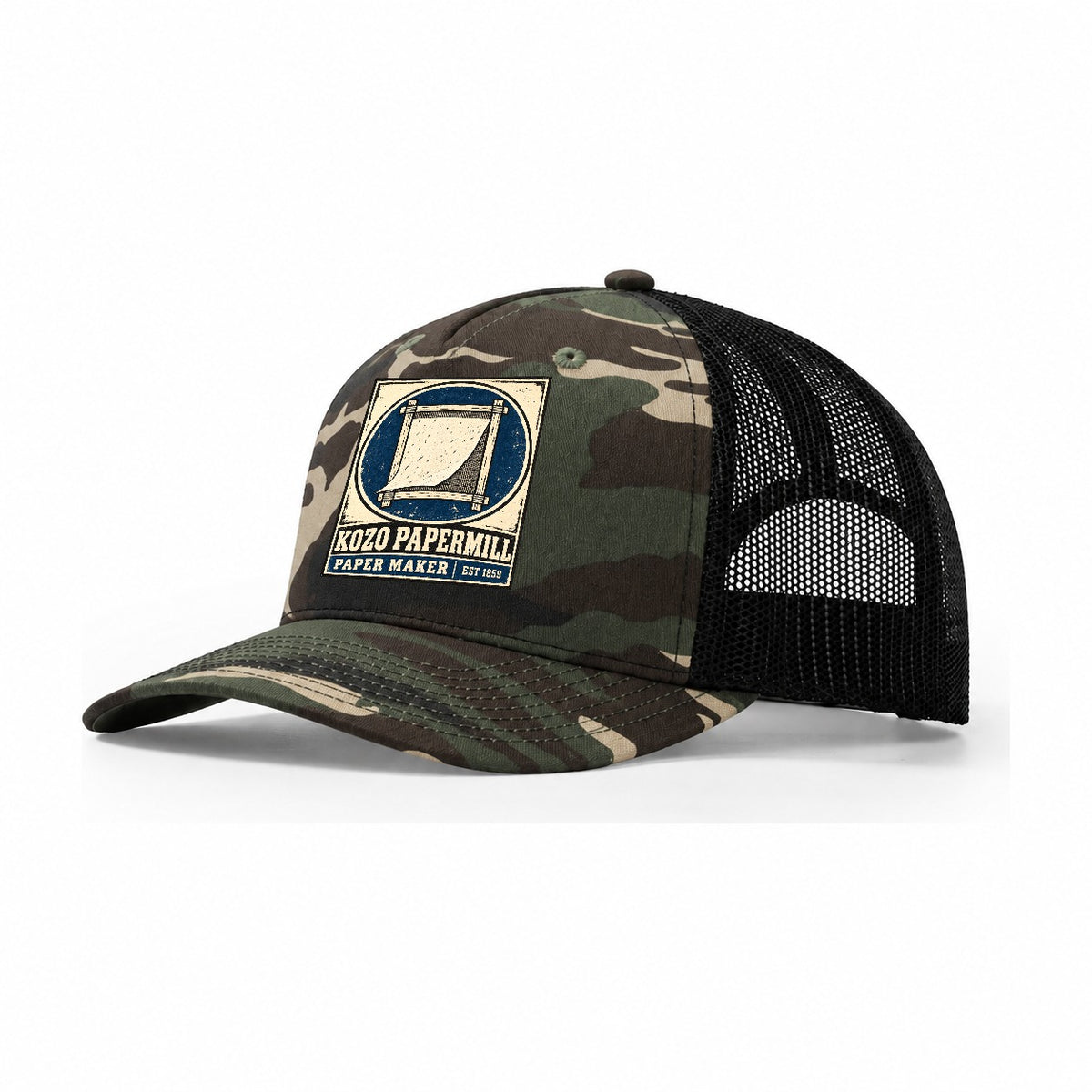 Kozo Paper Mill Noren Trade Co Trucker Hat – Woodland Camo Black