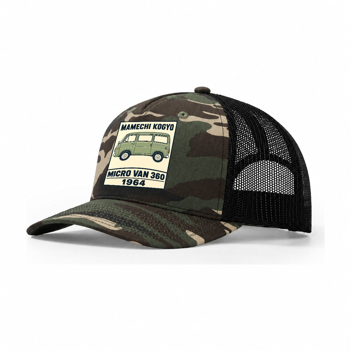 Mamechi Van Showa Speed Plates Trucker Hat – Woodland Camo Black