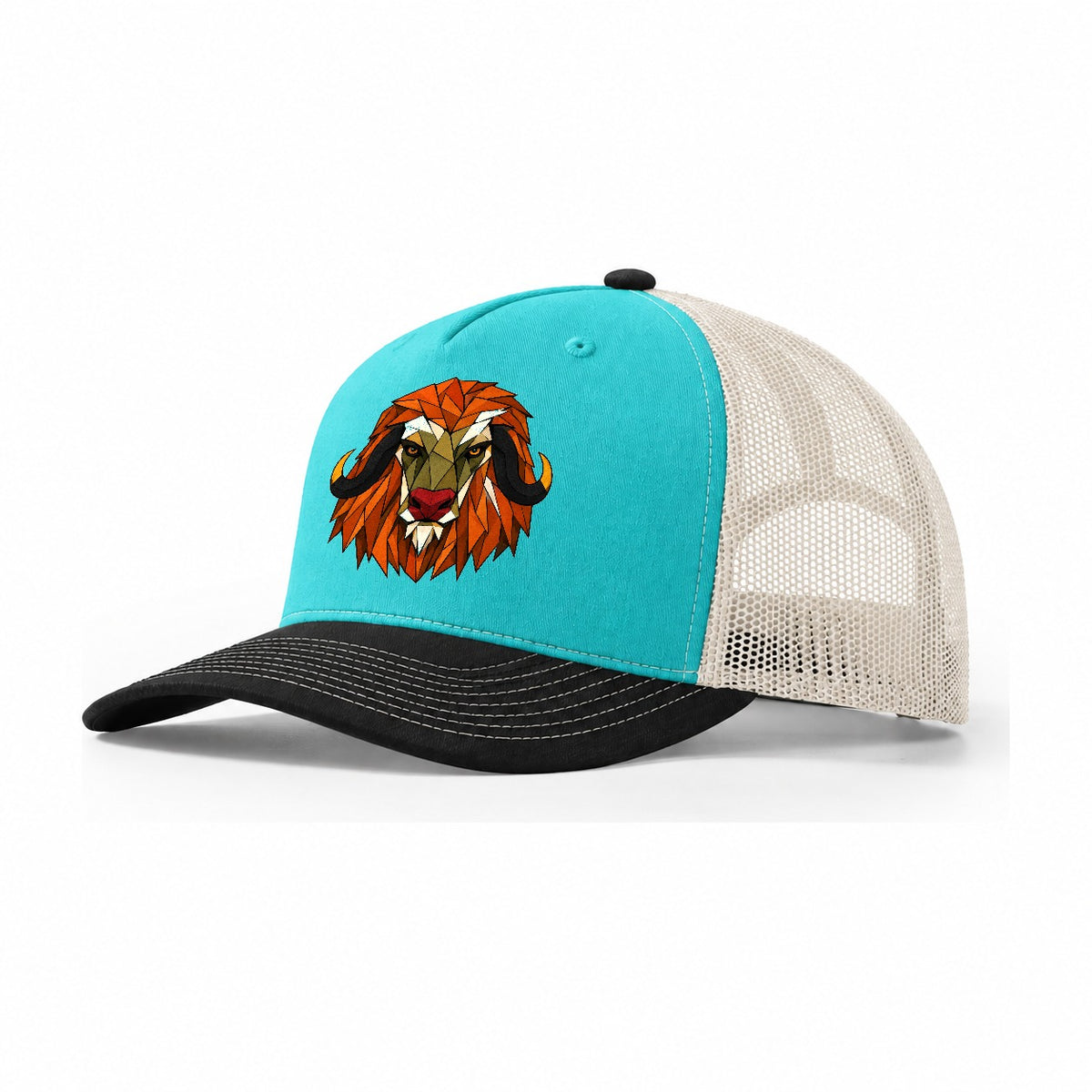 Musk Ox Frontal Portrait Trucker Hat – Aqua Black White