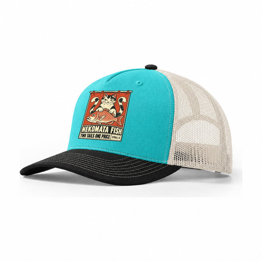 Nekomata Fish Yokai Night Market Trucker Hat – Aqua Black White