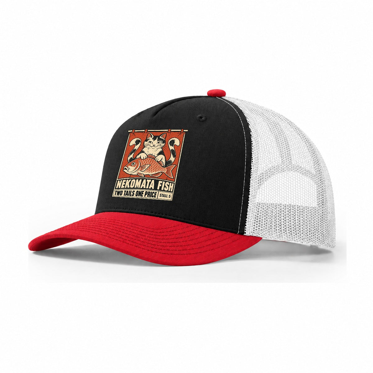 Nekomata Fish Yokai Night Market Trucker Hat – Black Red White