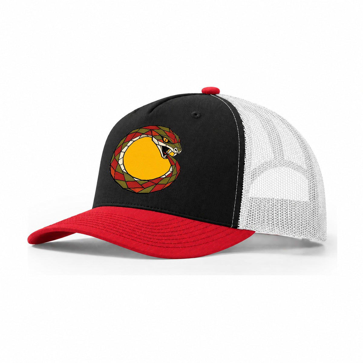 Ouroboros Serpent Circle Trucker Hat – Black Red White