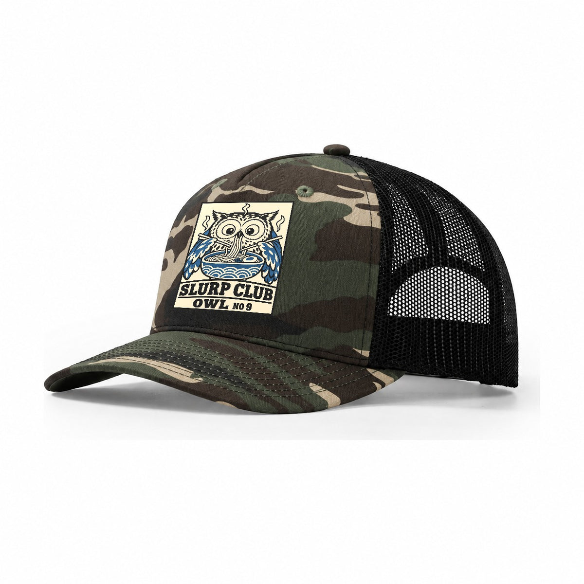 Owl Midnight Slurp Club Trucker Hat – Woodland Camo Black