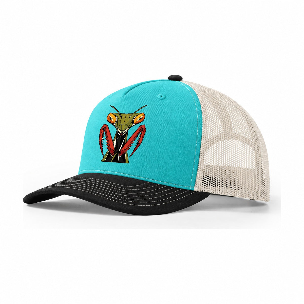 Praying Mantis Portrait Trucker Hat – Aqua Black White