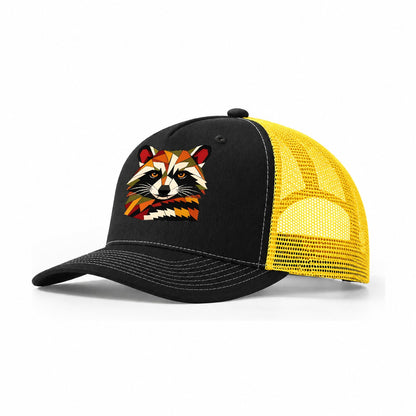 Raccoon Mask Portrait Trucker Hat – Black Yellow