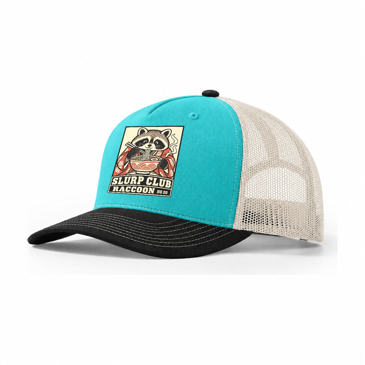 Raccoon Stolen Slurp Club Trucker Hat – Aqua Black White