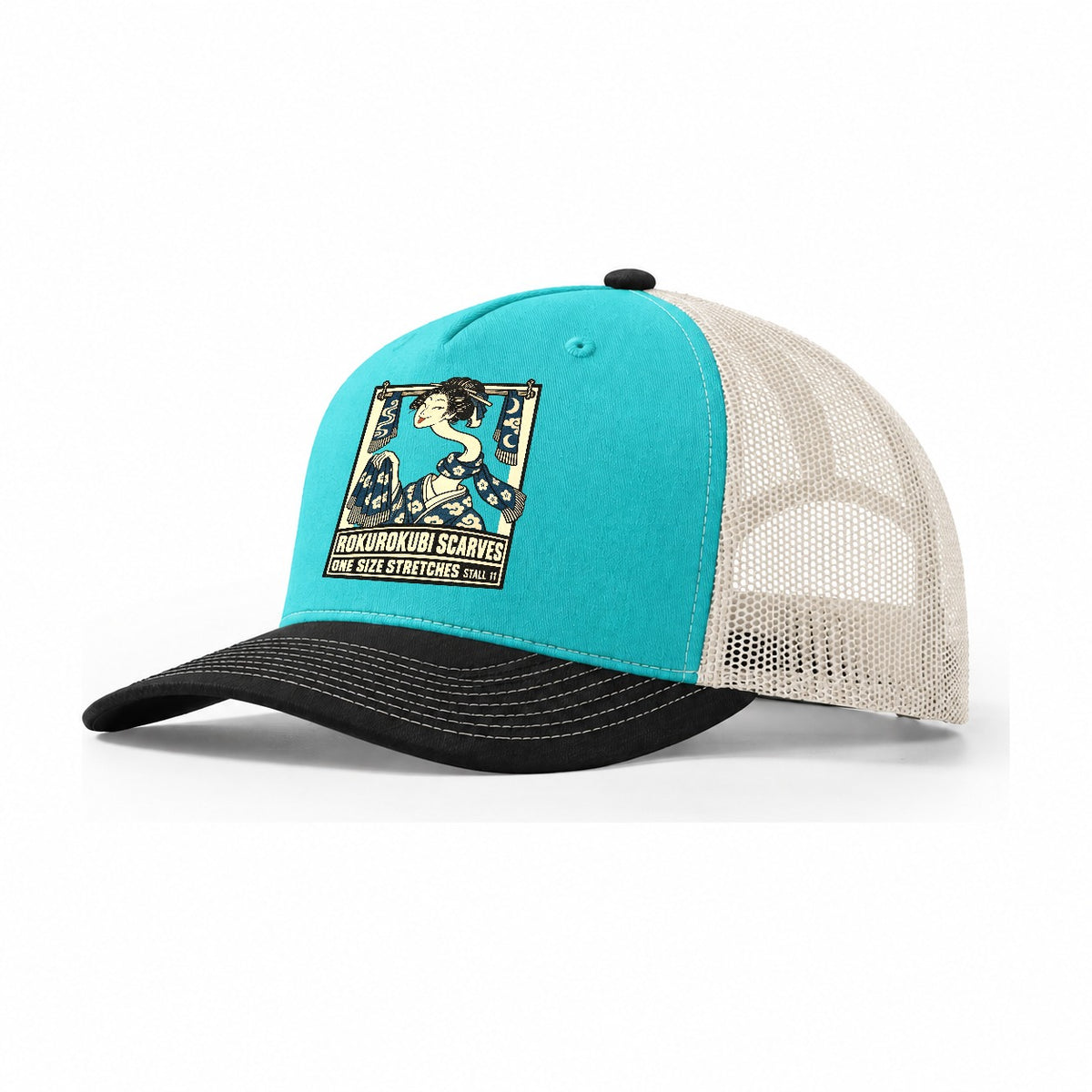 Rokurokubi Scarves Yokai Night Market Trucker Hat – Aqua Black White