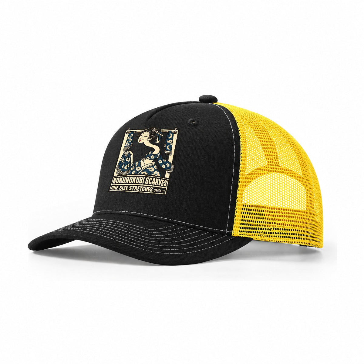 Rokurokubi Scarves Yokai Night Market Trucker Hat – Black Yellow