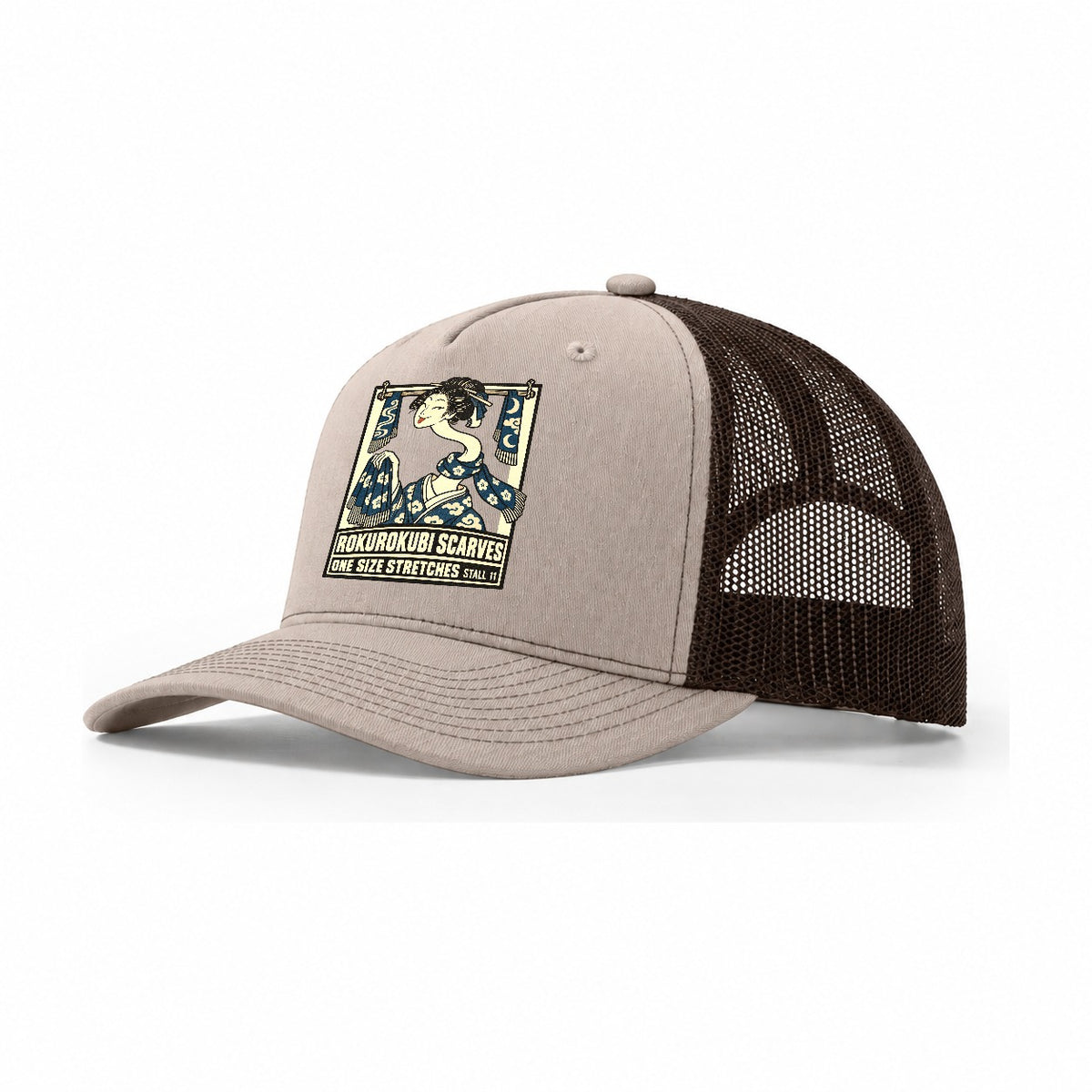 Rokurokubi Scarves Yokai Night Market Trucker Hat – Khaki Brown